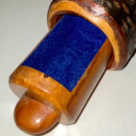 Small Wooden Log Trinket Box Treasure Secret Drawer Blue Velvet Vintage Signed - Picture 5 of 6